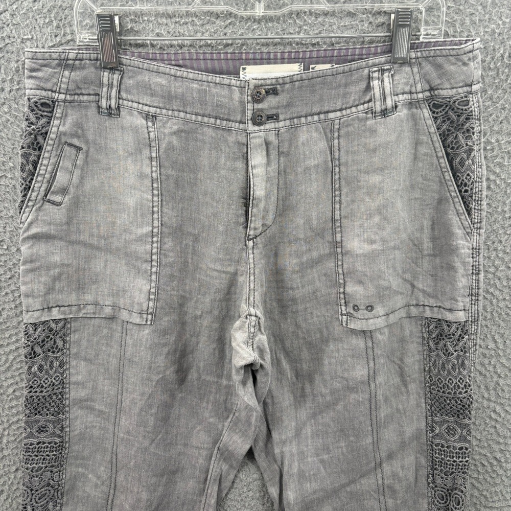 Hei Hei Pants Womens 32x29 Gray Linen Crochet Lace Trim Roll Tab Leg Boho